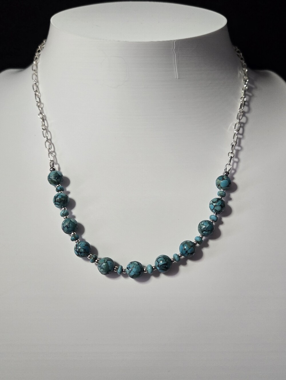 Mosaic Turquoise Bead Necklace With Sterling Silver Chain